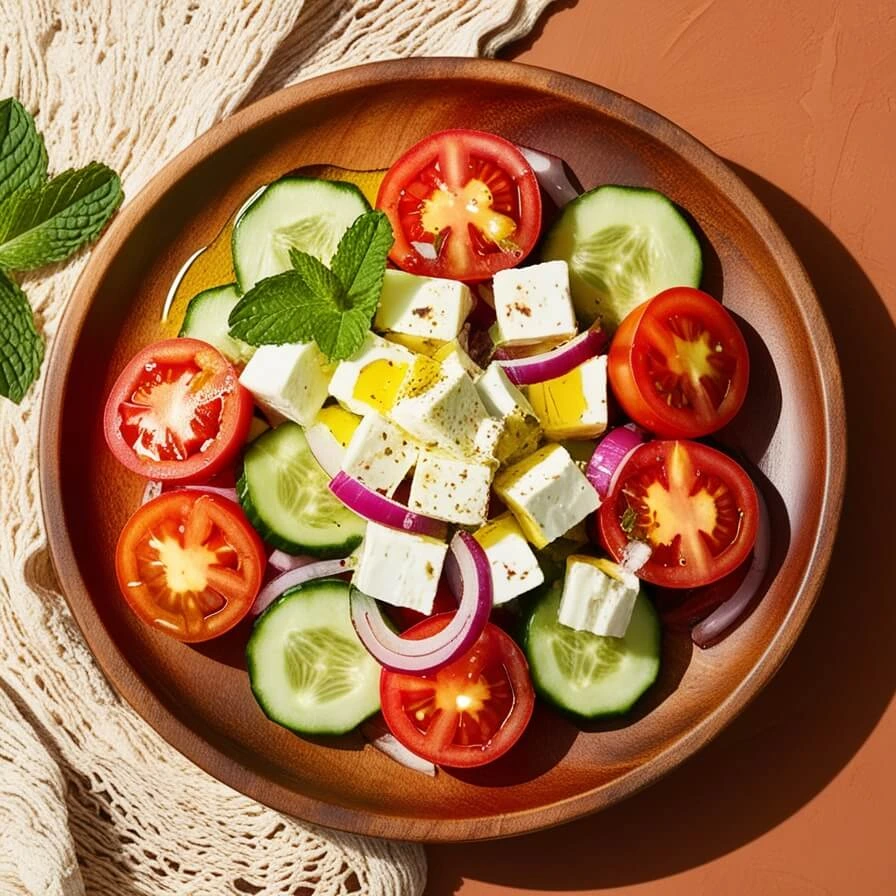 A classic Greek salad with fresh cucumber slices, tomato wedges, red onion, feta cheese cubes, and olive oil garnished with mint leaves in a wooden bowl