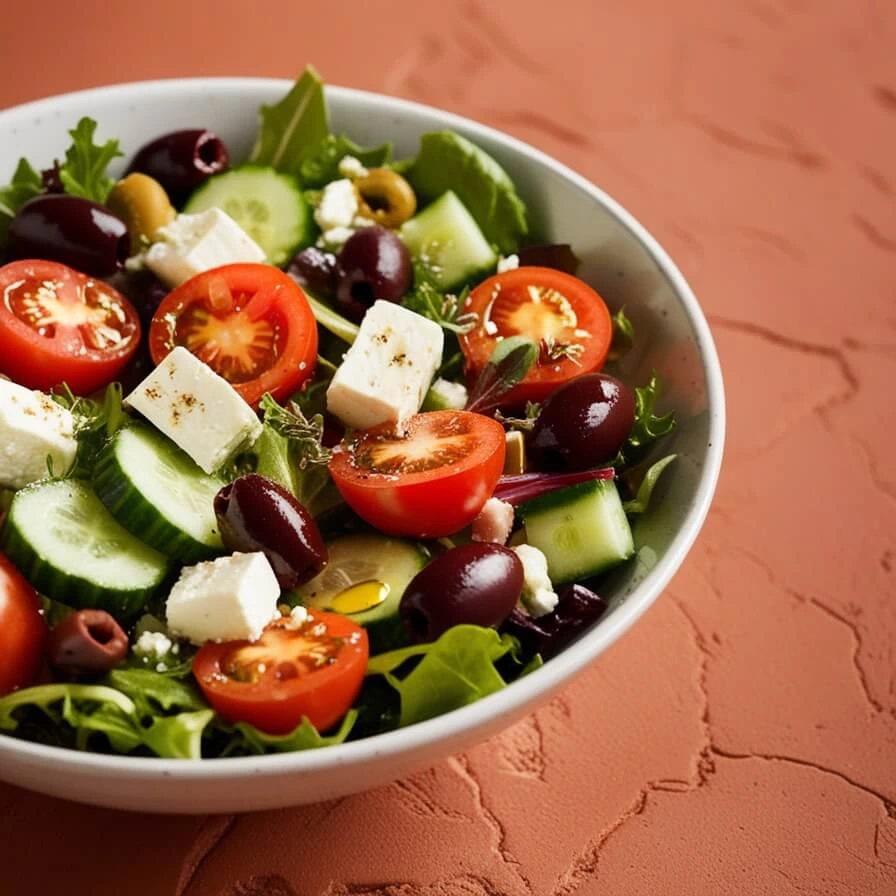 A Greek salad with mixed greens, cucumber slices, cherry tomatoes, olives, feta cheese cubes, and olive oil served in a white bowl