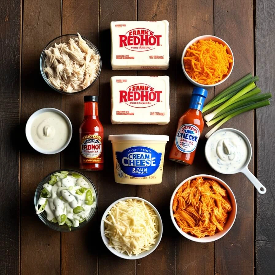 Ingredients for Buffalo Chicken Dip neatly arranged on a wooden surface