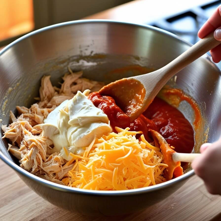 A bowl with Buffalo Chicken Dip ingredients being mixed together