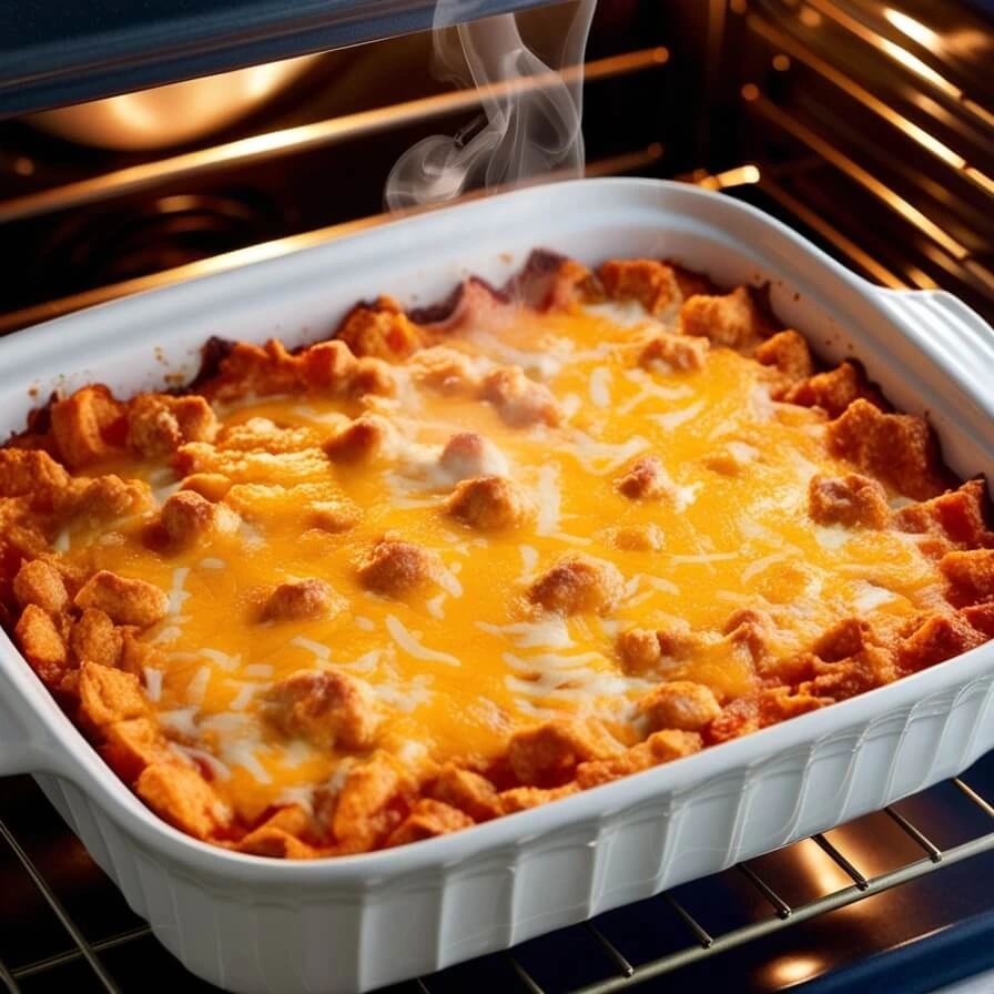 Buffalo Chicken Dip baking in the oven with a golden, bubbly top