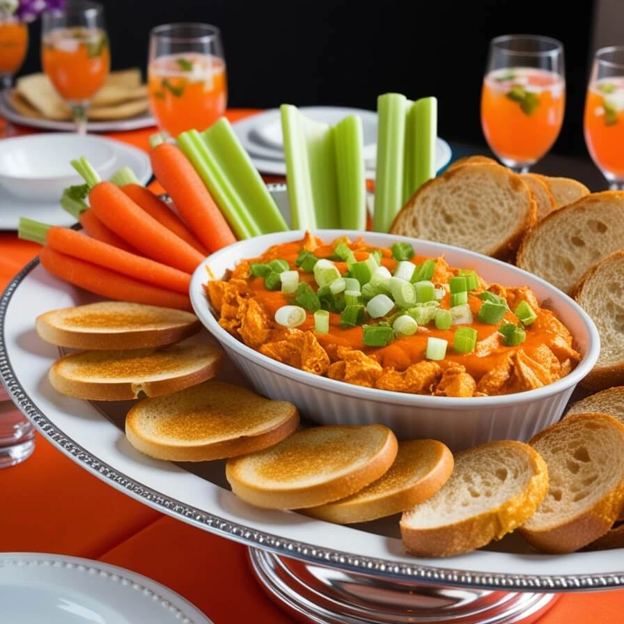 Buffalo Chicken Dip served with tortilla chips, celery, carrots, and toasted bread on a party table