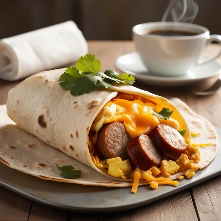 Protein-packed breakfast burrito with turkey sausage, eggs, and cheese