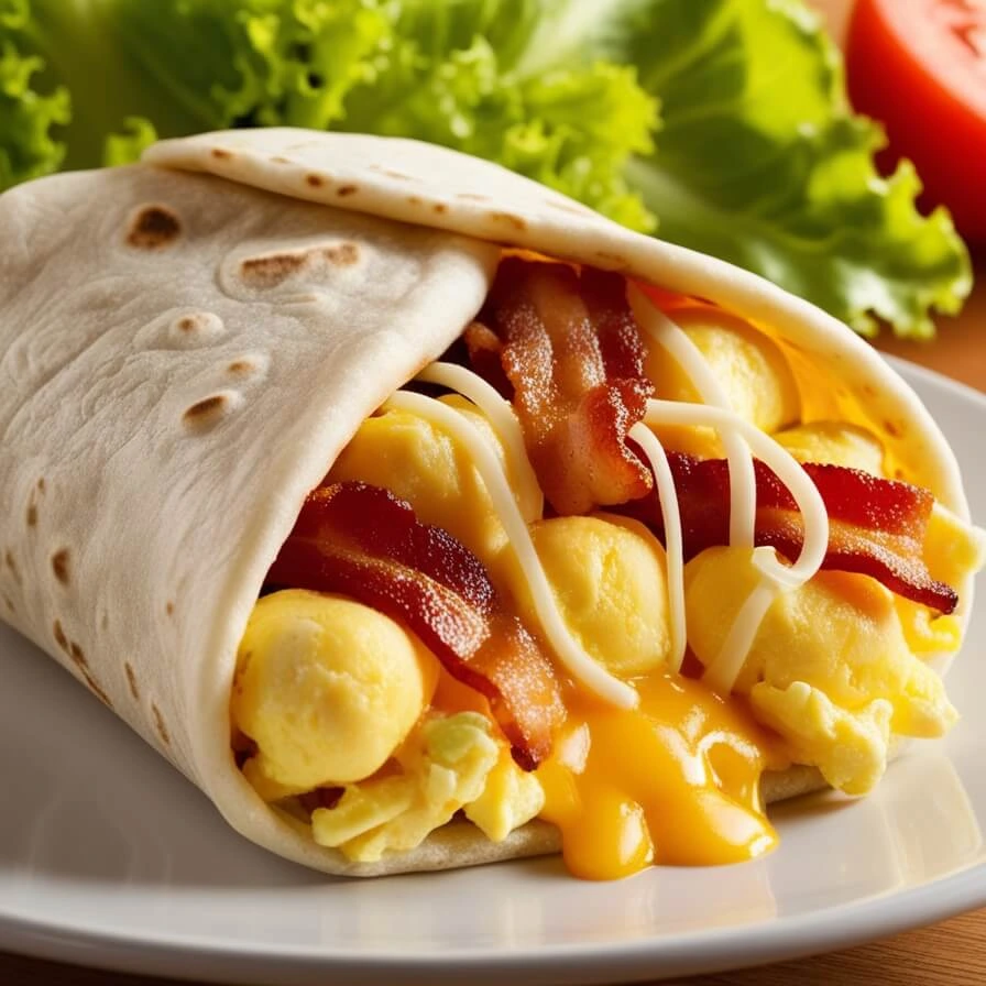 Classic breakfast with scrambled eggs, bacon, and cheese wrapped in a tortilla