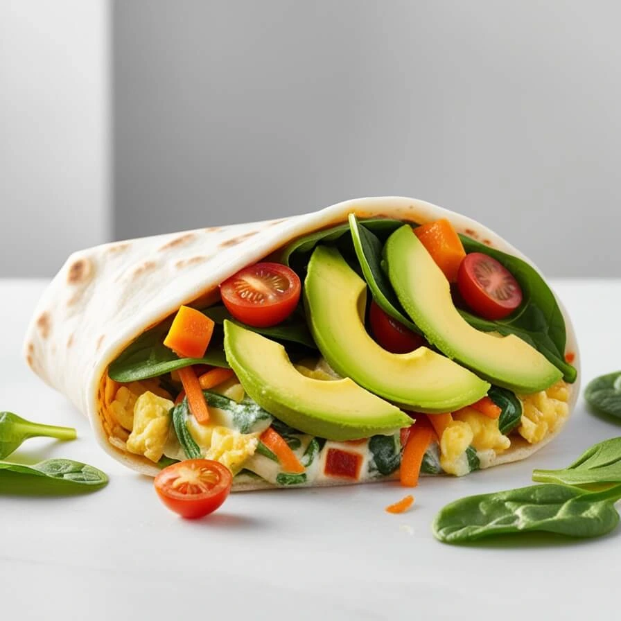 Healthy with avocado, spinach, and veggies wrapped in a tortilla