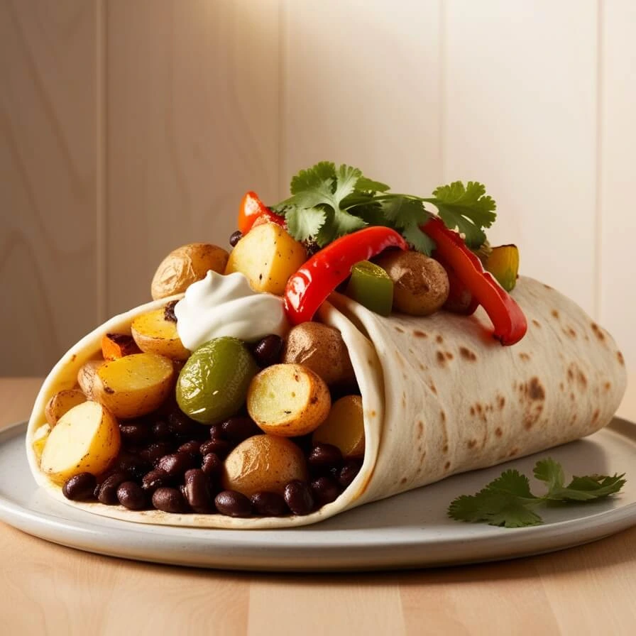 Vegetarian breakfast burrito with roasted potatoes, bell peppers, and black beans