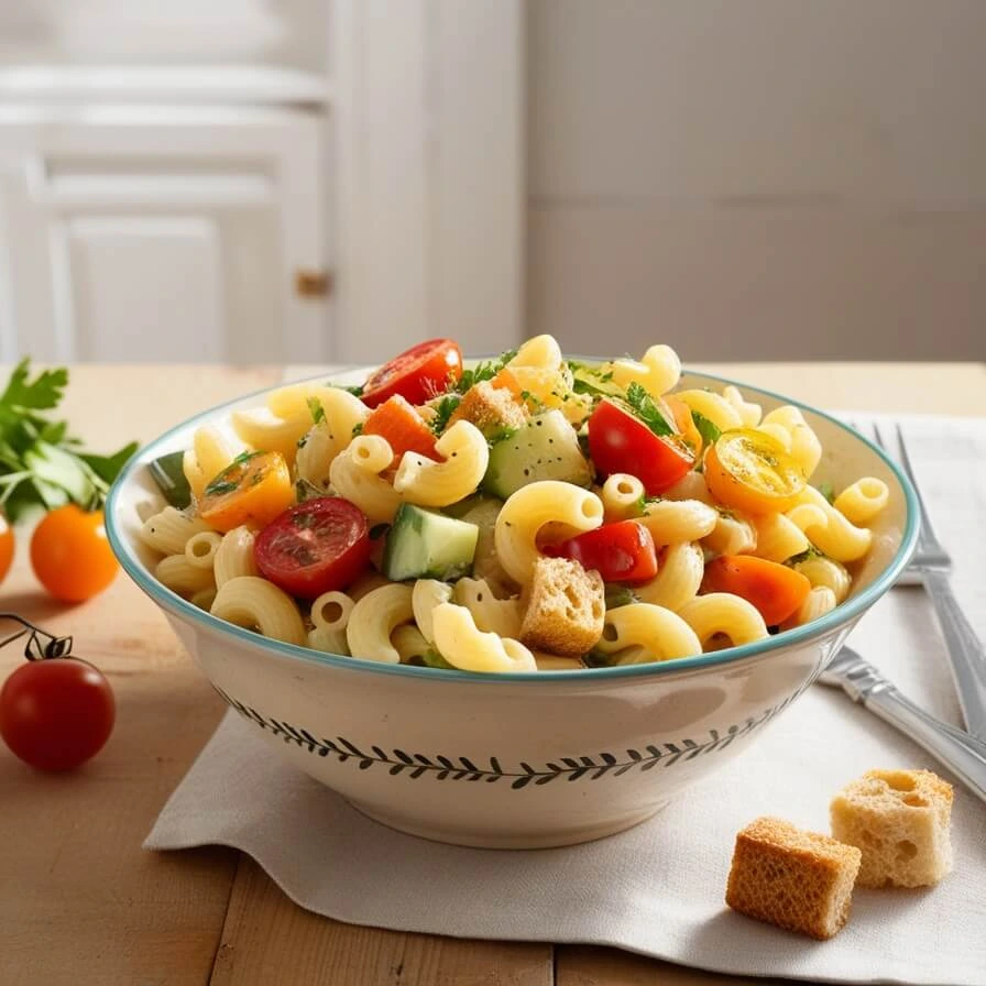 Creamy macaroni salad with fresh vegetables in a bowl