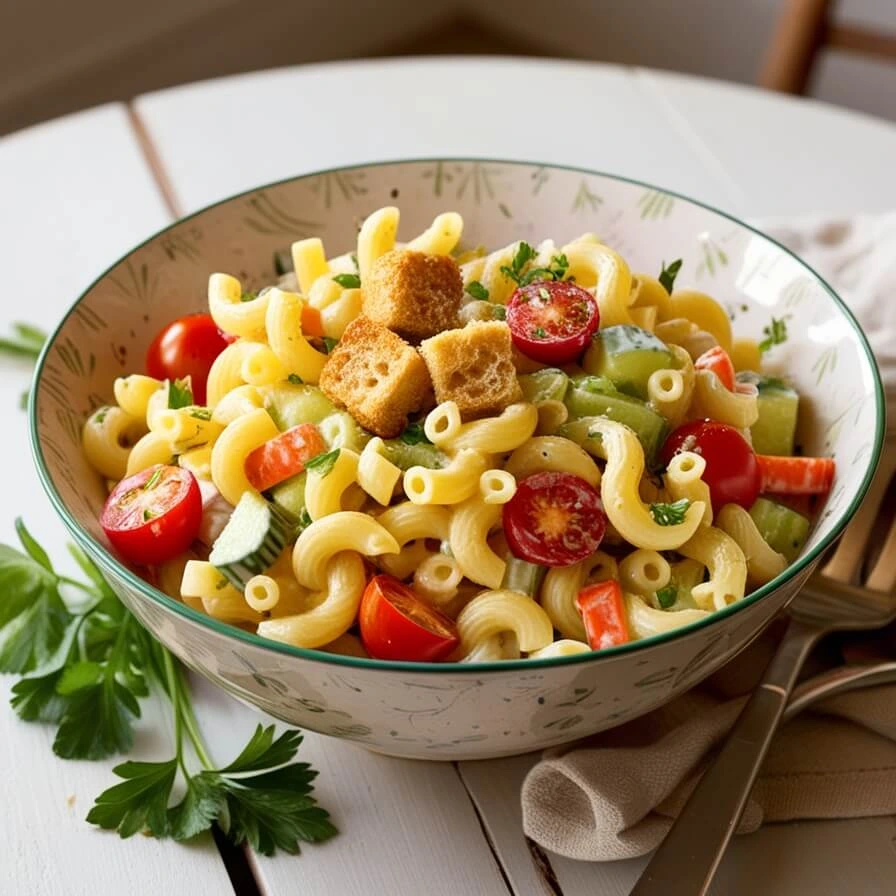 Creamy macaroni salad with fresh vegetables in a bowl