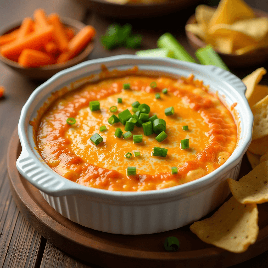 Buffalo Chicken Dip in a white ceramic dish, golden and bubbly, surrounded by tortilla chips, celery, and carrot sticks