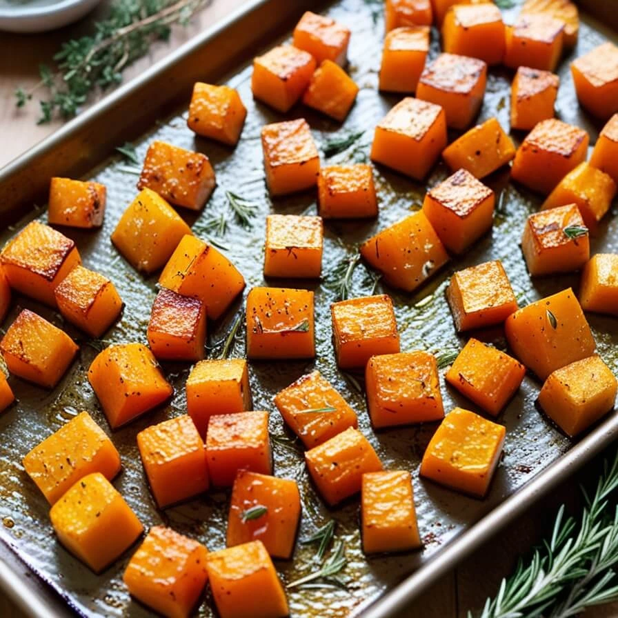 Perfectly roasted butternut squash cubes on a baking sheet, golden and slightly caramelized, sprinkled with salt and olive oil, surrounded by fresh herbs like thyme and rosemary.