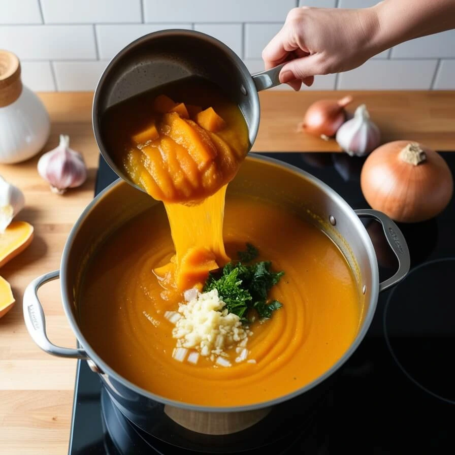 A large pot of butternut squash soup being stirred on a kitchen counter, with fresh ingredients like garlic, onion, and vegetable stock nearby.