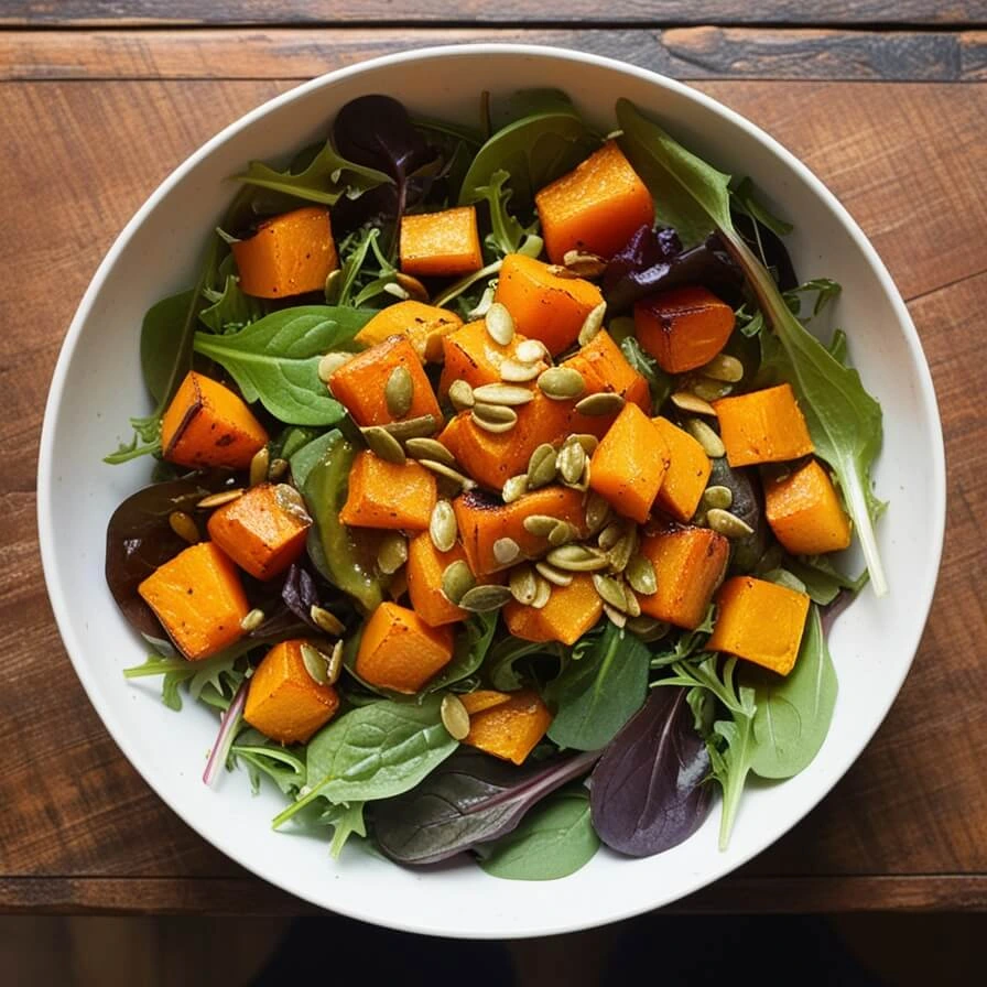 A vibrant salad featuring roasted butternut squash cubes, mixed greens like spinach and arugula, toasted pumpkin seeds, and a light vinaigrette dressing in a rustic bowl.