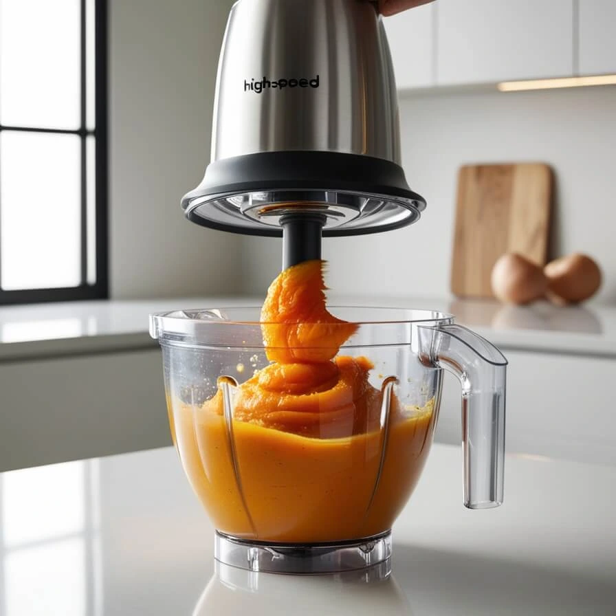 A high-speed blender blending roasted butternut squash with cream, showcasing a smooth and creamy texture in a clean kitchen setting.